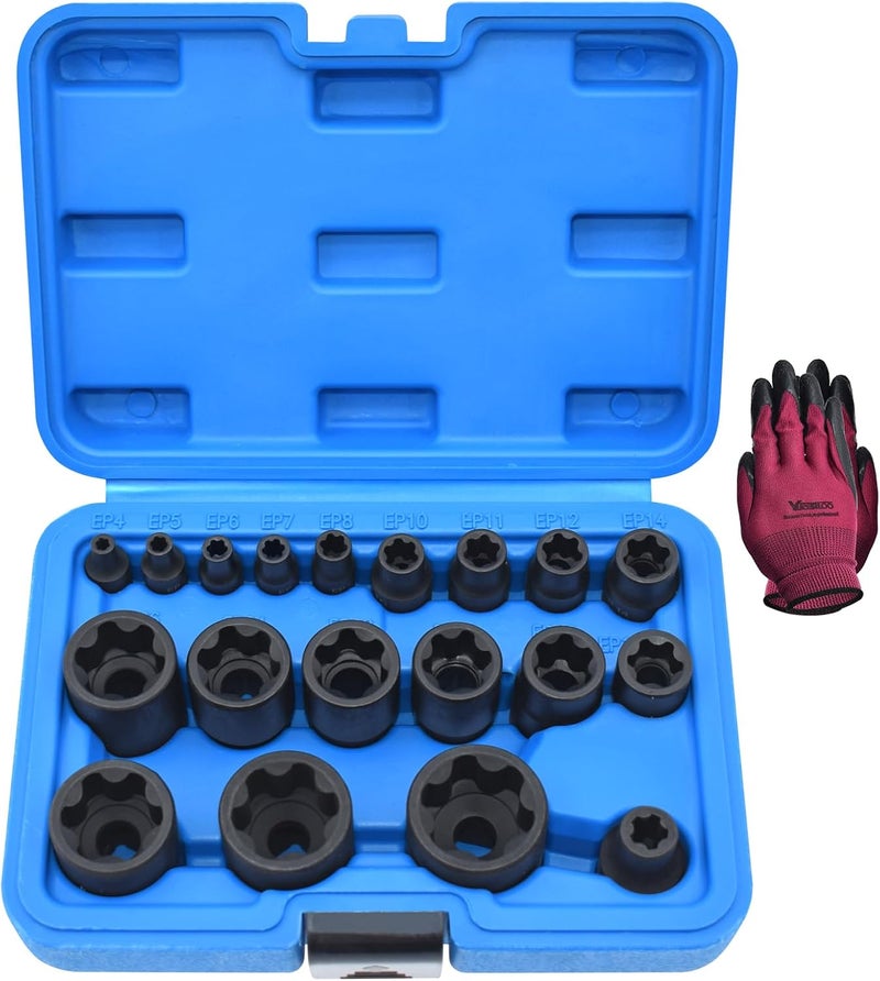Yuesstloo Torx Plus Socket Set, External Torx Plus 6 Point EP Socket EP4 - EP32 19Pcs With 1/2'' 3/8'' 1/4'' Dr, Replacement for E-TORX Socket Set, Works with Most Cars and Tesla - Image 1